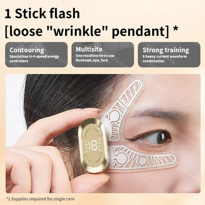 AuraFix EMS microcurrent patches applied around eye area for anti-aging